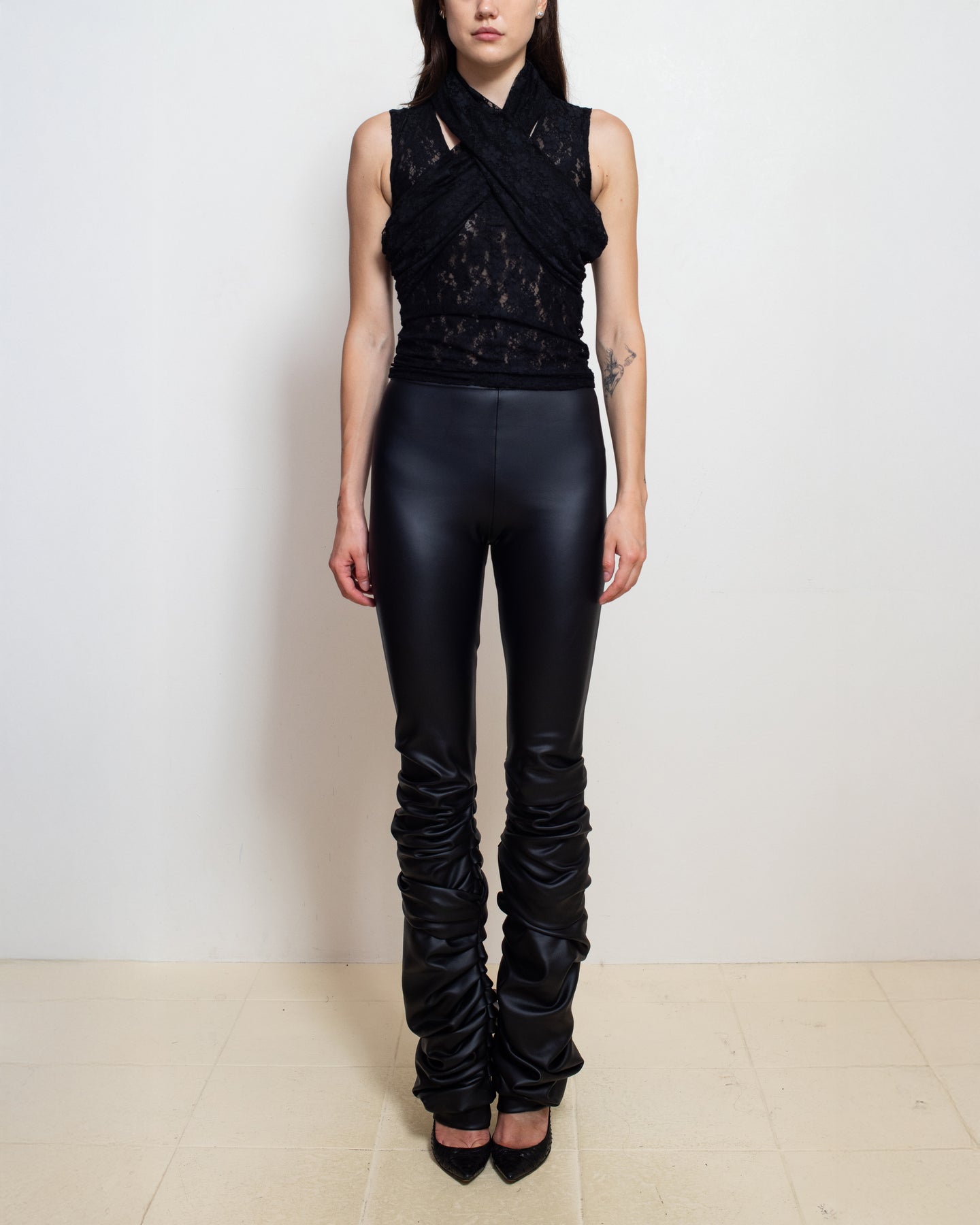 Black Wet Look Gathered Leggings
